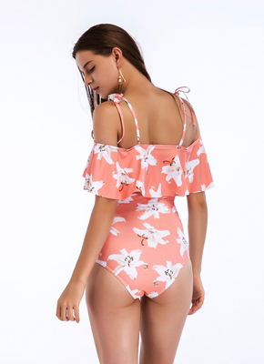 pink printing off shoulder swimsuit