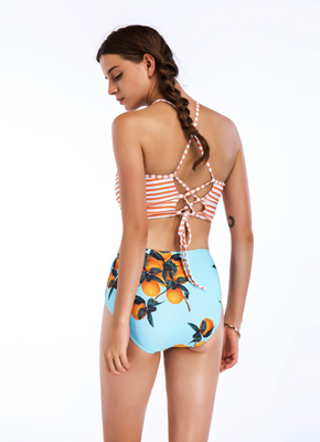 Orange Stripe and Orange printing 2 piece swimwear for women