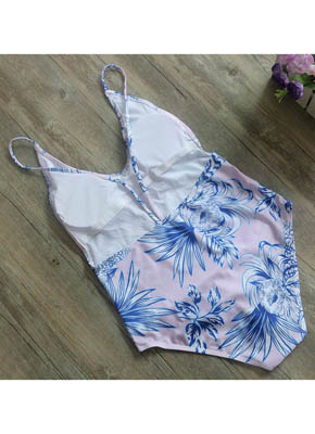 Blue Floral Pink Printing One piece Swimwear women