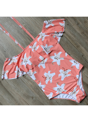 pink printing off shoulder swimsuit for women