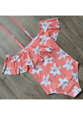 pink printing off shoulder swimsuits women