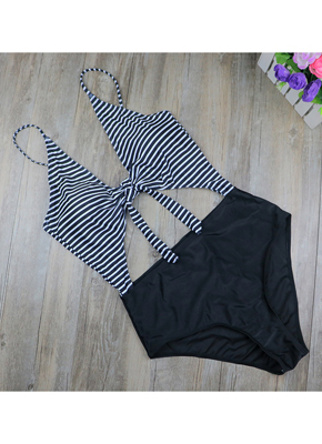Black White Tripe Cut out One piece swimsuit for women