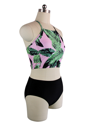 Pink Background & Leaf Printing Bikini Set