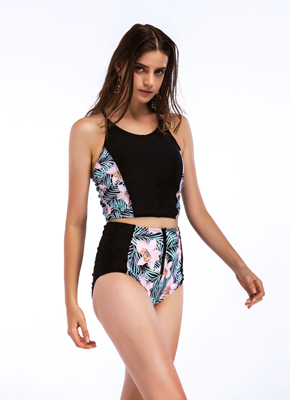 Zipper Floral Printing High waist Swimwear