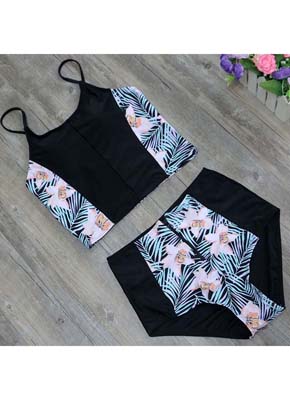 Zipper Floral Printing High waist bathing suit women