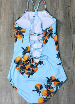 Orange Printing Blue Bandage One Piece Bathing Suit 5