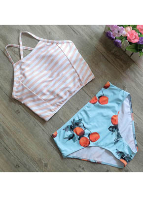 Orange Stripe & Orange printing 2 piece swimwear for women 4