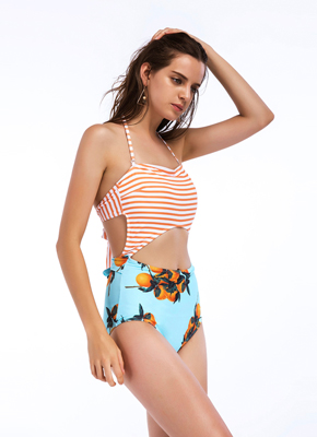 Orange Stripe & Orange printing Cut Out One Piece Swimwear 2