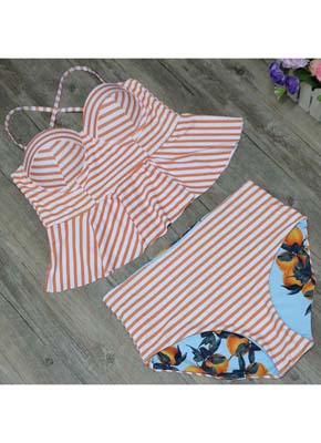 Orange Stripe Push Up High Waist Bikini set 5