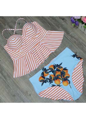Orange Stripe Push Up High Waist Bikini set 7